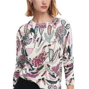 Desigual Floral Sweater White Pink Print Medium Pullover Long Sleeve